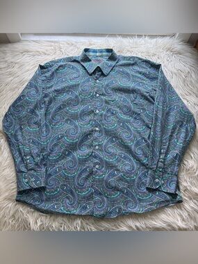 Alan Flusser Men XXL Paisley Button Down Shirt Blue 100% Cotton Long Sleeve